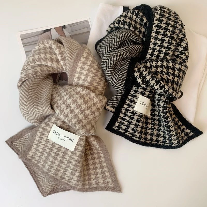 围巾千鸟格冬季新款高中生咖色围巾加厚黑色学生围脖百搭网红围巾