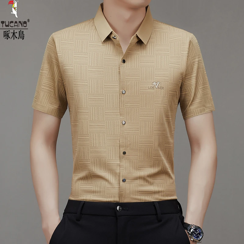 啄木鸟男士短袖衬衫夏季新款商务休闲免烫抗皱无痕透气格子衬衣
