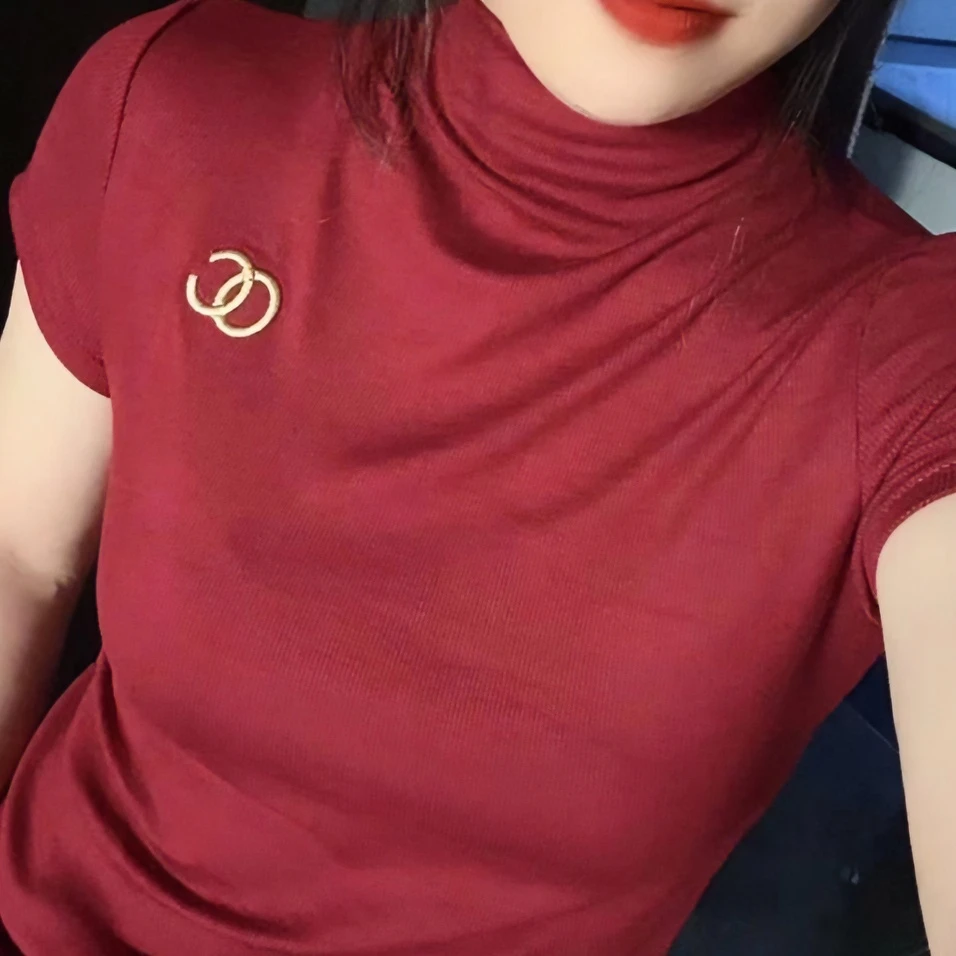 欧货半高领螺纹棉刺绣短袖修身显瘦遮肉时尚百搭外穿打底上衣T恤