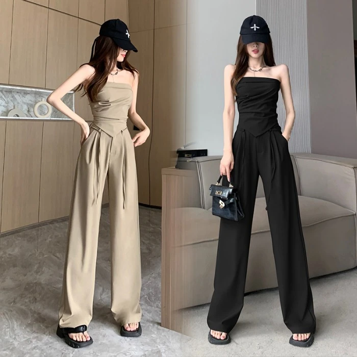 2024时尚气质套装高级感不规则抹胸上衣+休闲高腰后妈裙