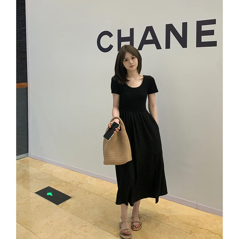 富贵rich【黑天鹅】小个子连衣裙女长款气质开叉裙子 26232L8237