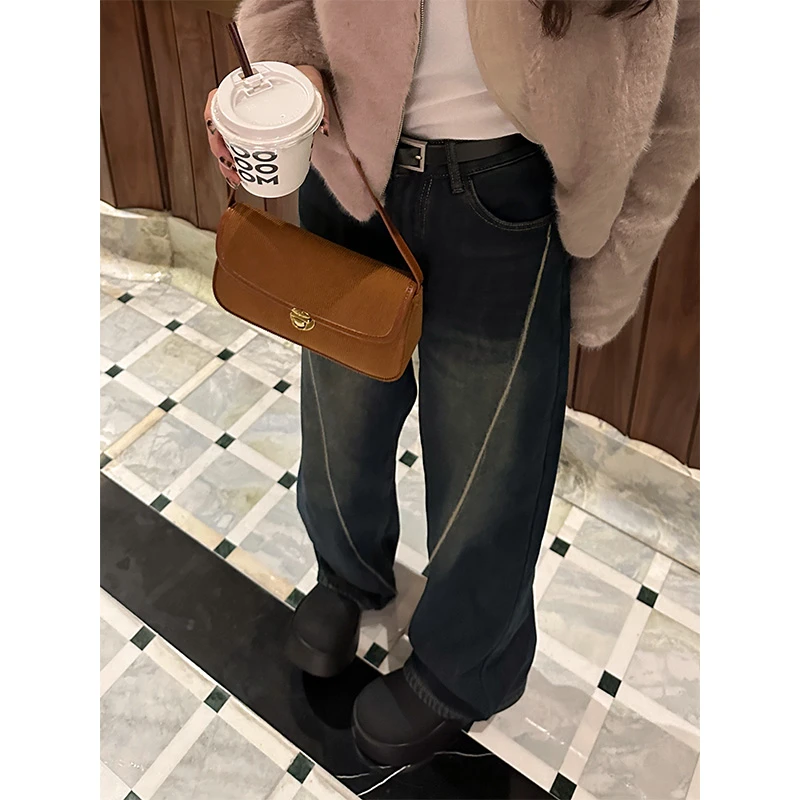 Seven4lee雅痞进行时 复古加绒牛仔裤女冬新款撞线宽松直筒老爹裤