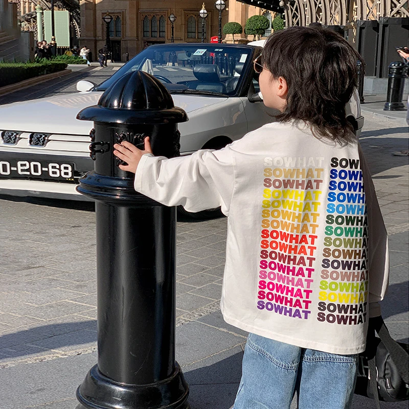 小小郑童装儿童打底衫2025春秋款彩虹字母T上衣白色棉质男童长袖