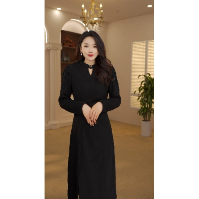 8001#时尚纯色气质连衣裙秋冬季新款高级感洋气修身显瘦中长裙