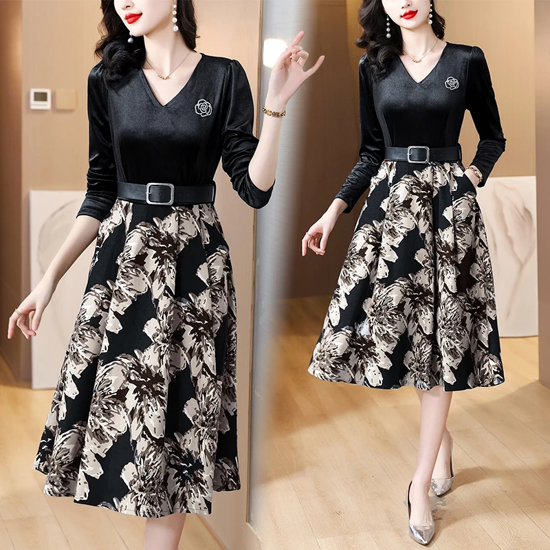 8622#轻奢V领金丝绒拼接时尚印花连衣裙长袖气质收腰显瘦减龄裙