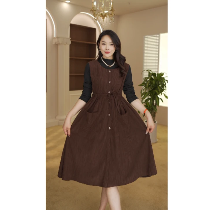 洋气假两件灯芯绒连衣裙女2024秋季修身显瘦中长款a字裙子