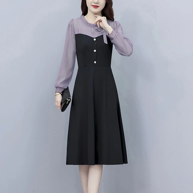 7711#秋季新款连衣裙时尚收腰显瘦气质中长款遮肚裙子打底连衣裙