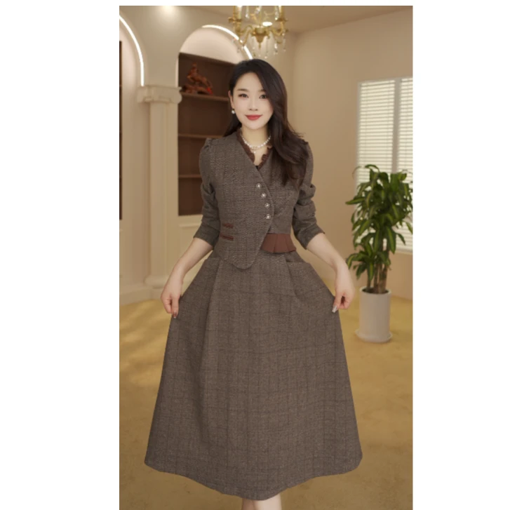 高档洋气假两件长袖连衣裙2024春秋款修身显瘦中长款拼接a字裙子