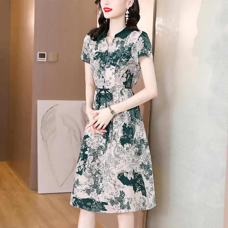【1】新款洋气轻奢高档短袖印花连衣裙修身显瘦中长款宽松裙