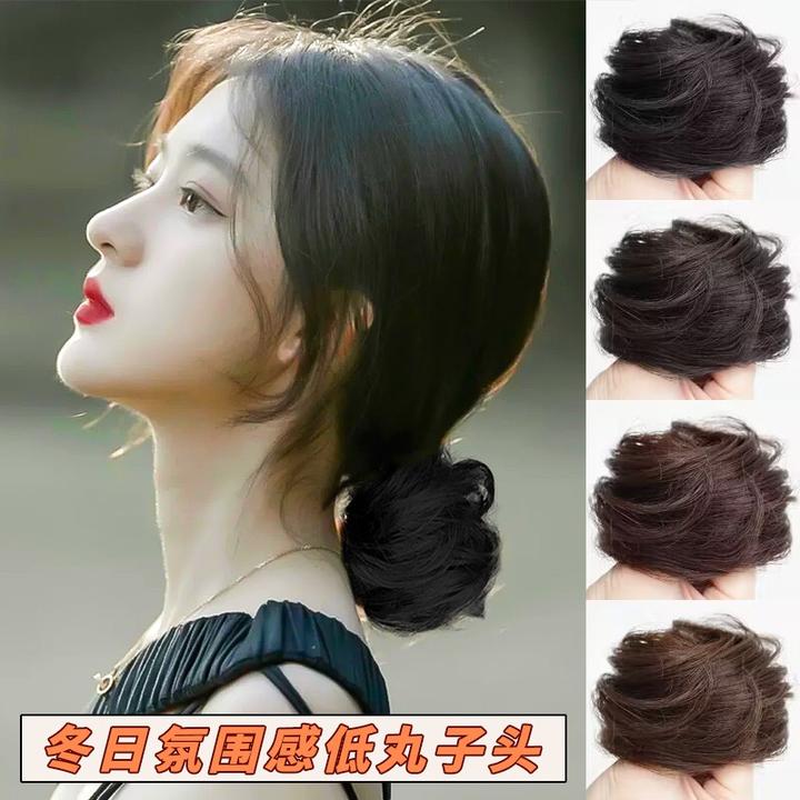 低扎丸子头假发女真发发圈汉服古风发包自然蓬松自然假发束丸子头
