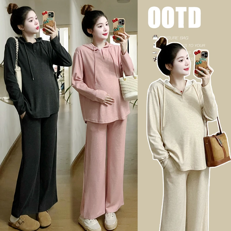 孕妇装秋装连帽套装时尚款孕妇上衣中长款秋款宽松长袖两件套装