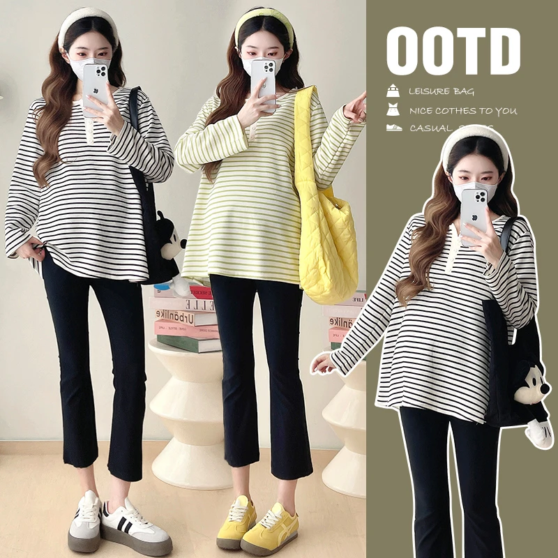 孕妇装2025春季新款韩版长袖时尚百搭V领条纹休闲宽松T恤衫中长款