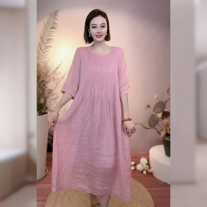 苎麻炒色风琴褶显瘦文艺旅游连衣裙轻薄款过膝女装连衣裙遮肚宽松