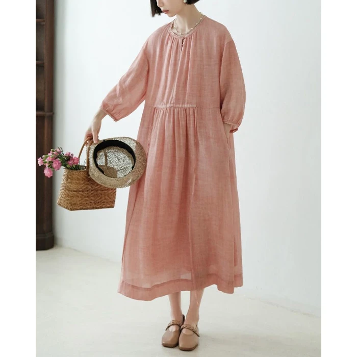 酵素定染苎麻100%细纹肌理感苎麻2024三季可穿新款连衣裙中长裙子