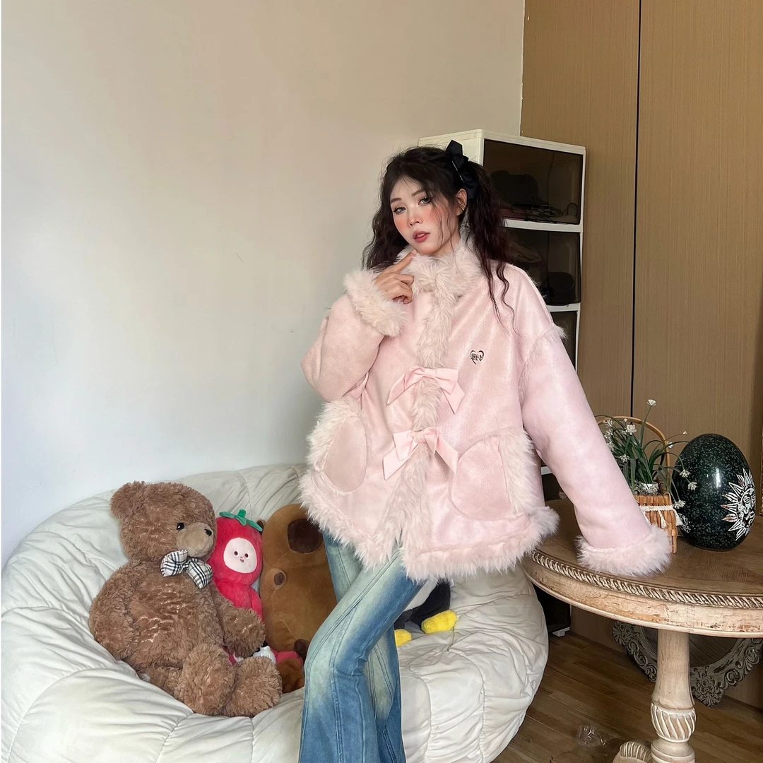 (偷心迷雾）甜甜原创一体拼接麂皮翻领加厚秋冬宽松显瘦不规则外套