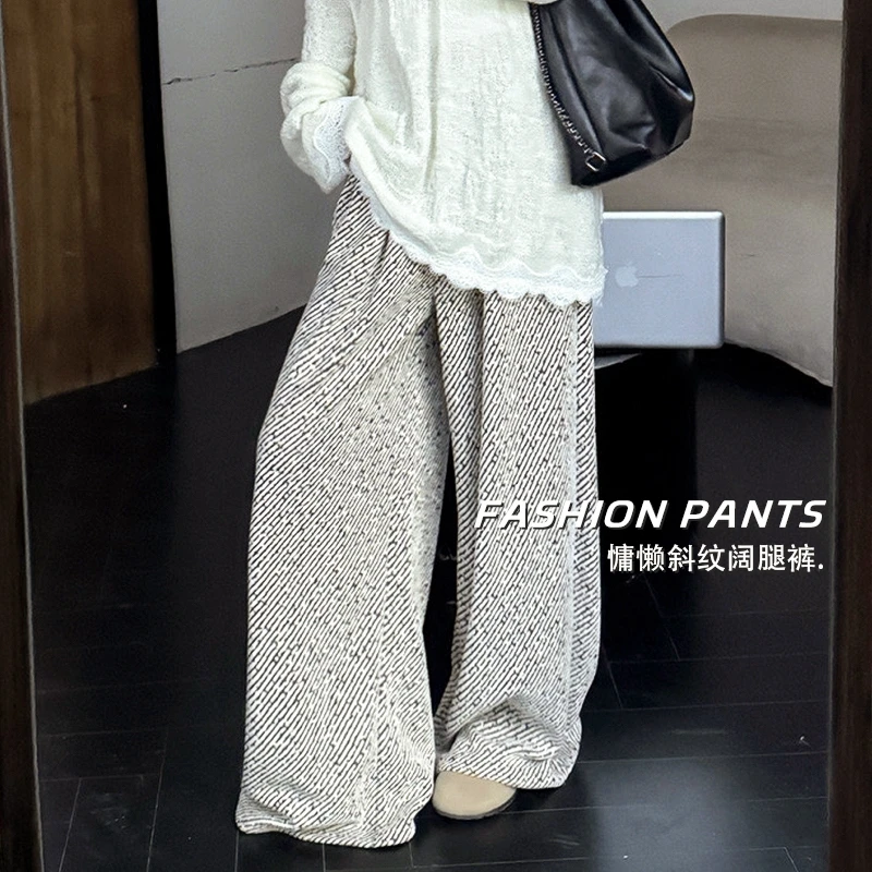 韩国东大门2025秋冬新款加厚慵懒斜纹宽松设计感潮流ins拖地裤女