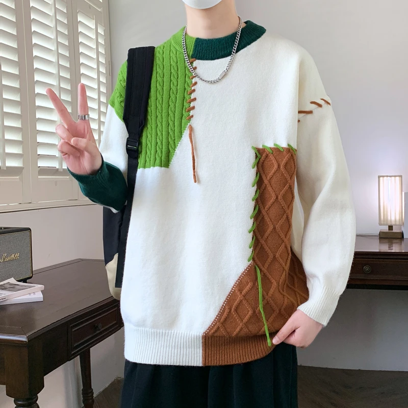 撞色圆领毛衣男秋冬潮牌加绒加厚针织线衫青少年学生宽松情侣线衣