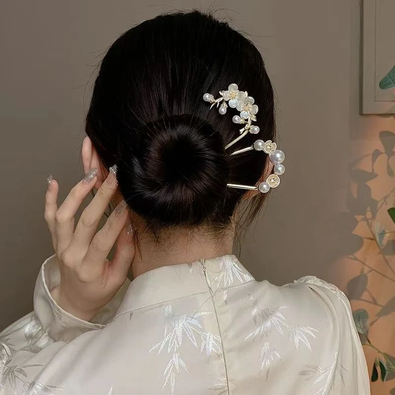 墨圳高端发饰 新款夏季中式山茶花发簪古风高级后脑勺盘发复古