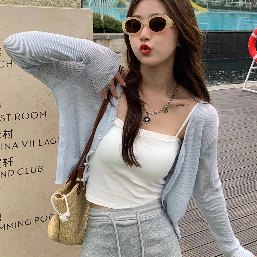 开衫薄款小外搭女装2025夏季防晒新款长袖钉珠上衣百搭外套女