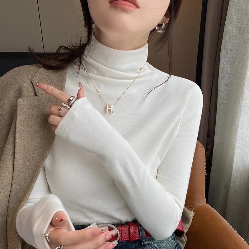 早秋新款白色高领长袖打底衫女外穿修身洋气显瘦内搭时尚气质女款