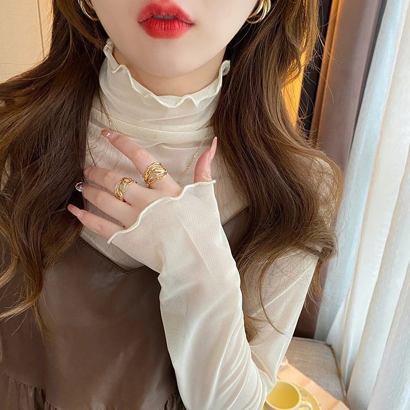 雪纺蕾丝内搭女洋气高贵上衣木耳边小衫网纱名媛千金打底衫堆堆领