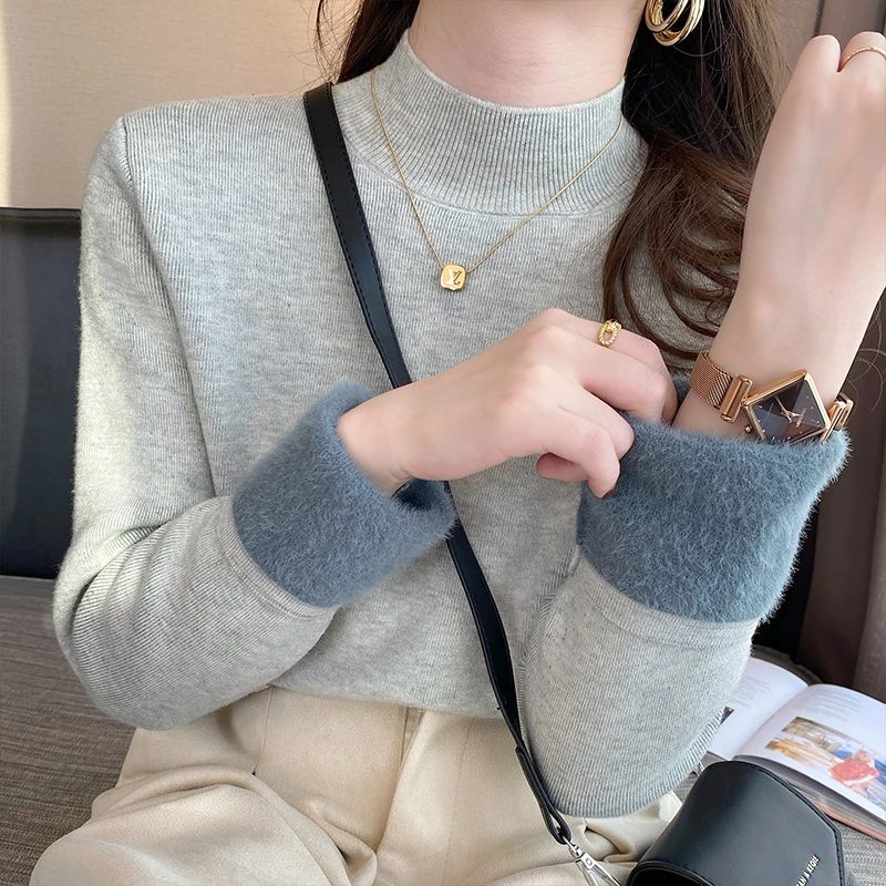 加绒毛衣女款装2024加厚半高领打底衫内搭一体绒爆款针织上衣洋气