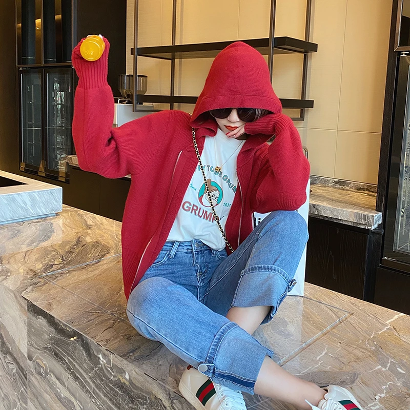 休闲时尚毛衣开衫外套百搭针织衫双拉链连帽高级感外搭上衣短款