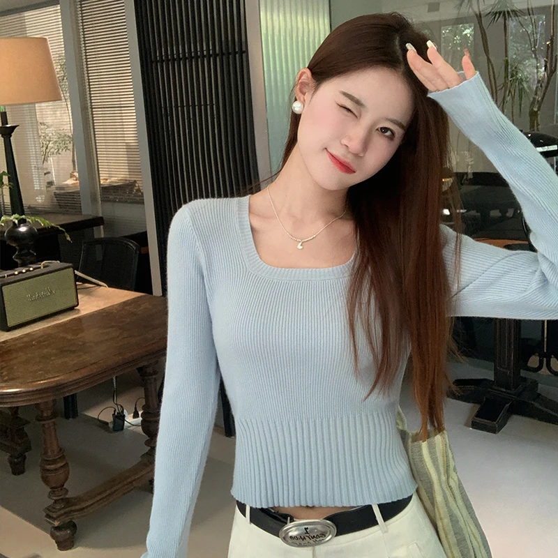 新款法式方领针织衫2025新款长袖上衣显瘦百搭小众洋气设计感女装
