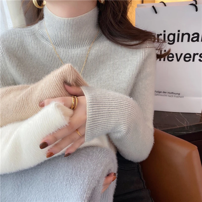 水貂绒毛衣女秋冬加厚加绒高领打底衫内搭保暖一体双面绒上衣冬季