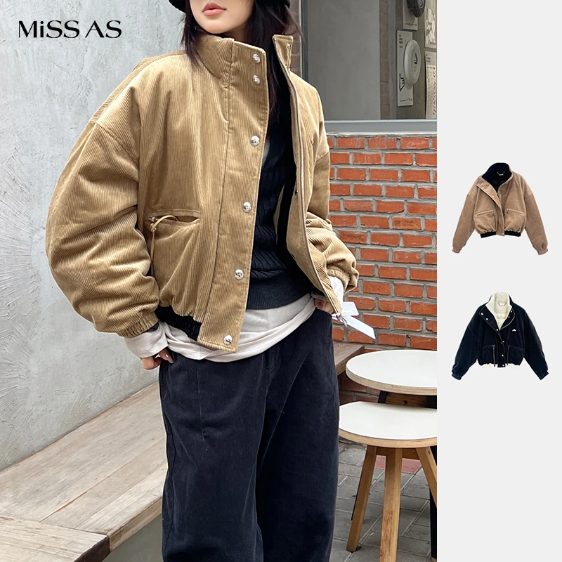 【RODERIC WONG】卡其墨水黑灯芯绒拼色鹅绒服夹克外套女