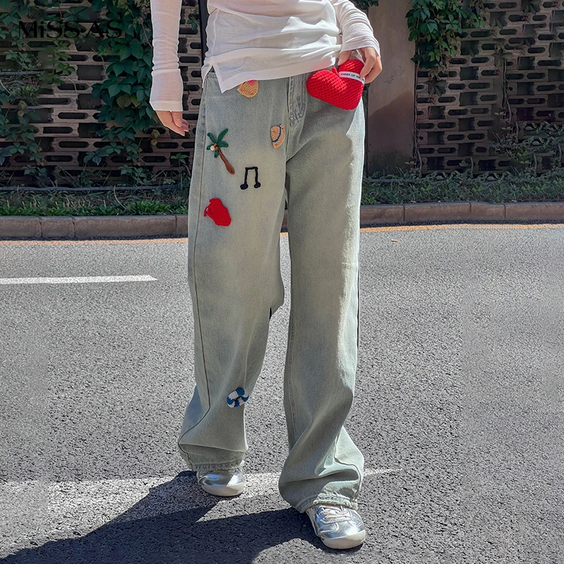 【CHEER UP UNIFORM】个性刺绣百搭宽松直筒牛仔长裤休闲裤
