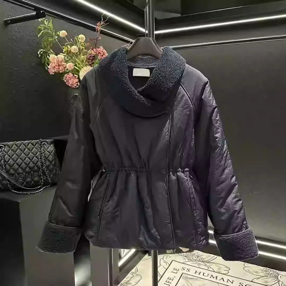 小羔毛领围脖棉服女2024秋冬新款韩版设计感时尚洋气收腰系带外套