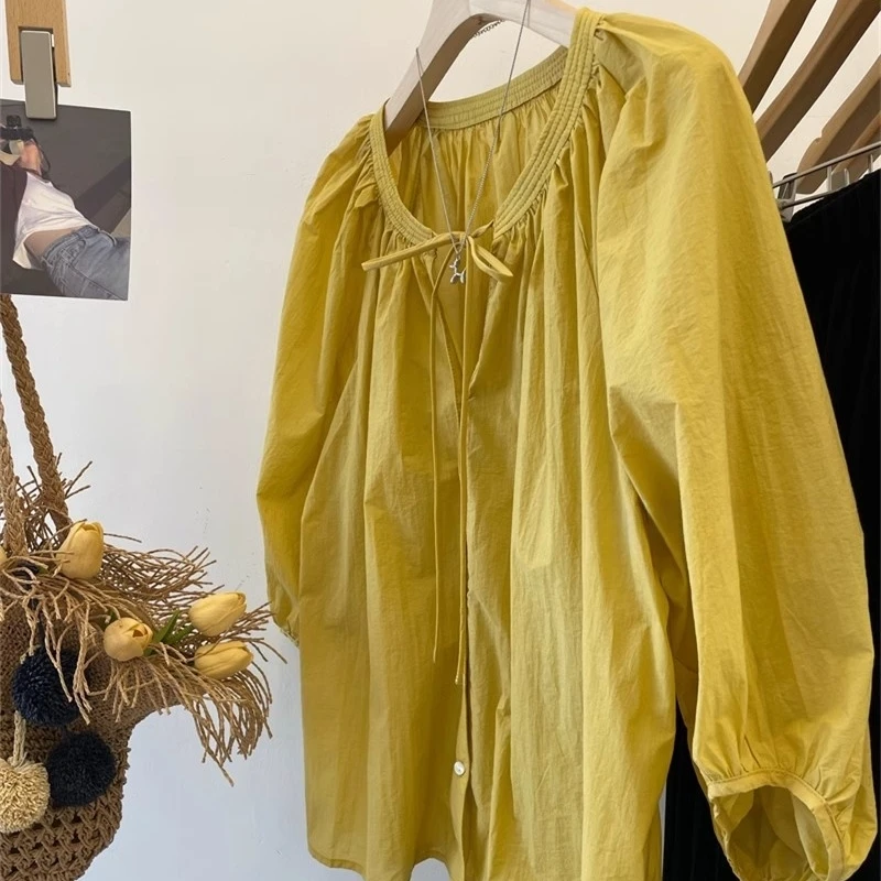 韩系气质灯笼袖纯色套头衬衫女夏季新款上衣服时尚小众休闲衬衣潮