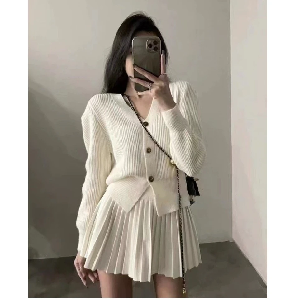 韩版时尚减龄纯色针织套装裙秋季V领短款开衫上衣半身裙两件套女