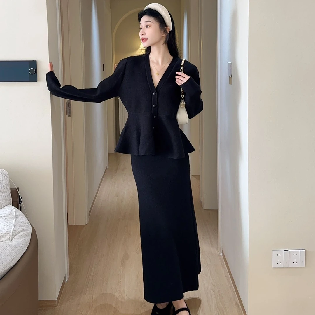 德宽同款套装高腰洋气显瘦黑色法式气质开衫裙子潮轻熟时尚两件套