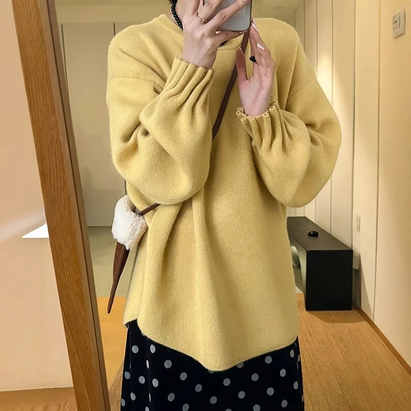 韩系慵懒风灯笼袖软糯毛衣女秋冬新款高级感针织内搭气质打底上衣