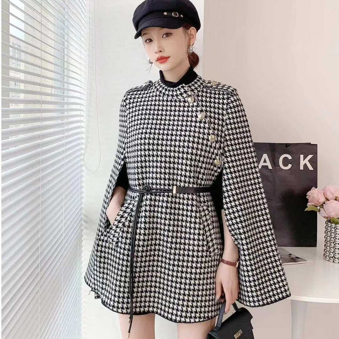 千鸟格仿水貂绒大衣秋冬高级感斗篷百搭韩版针织毛呢外套潮配腰带