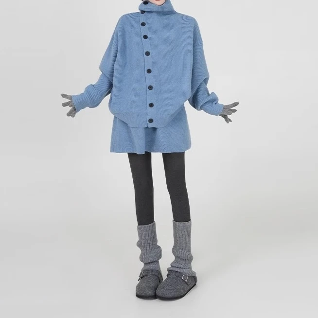 纯色高领长袖针织毛衣短裙套装女秋冬慵懒宽松软糯开衫上衣两件套