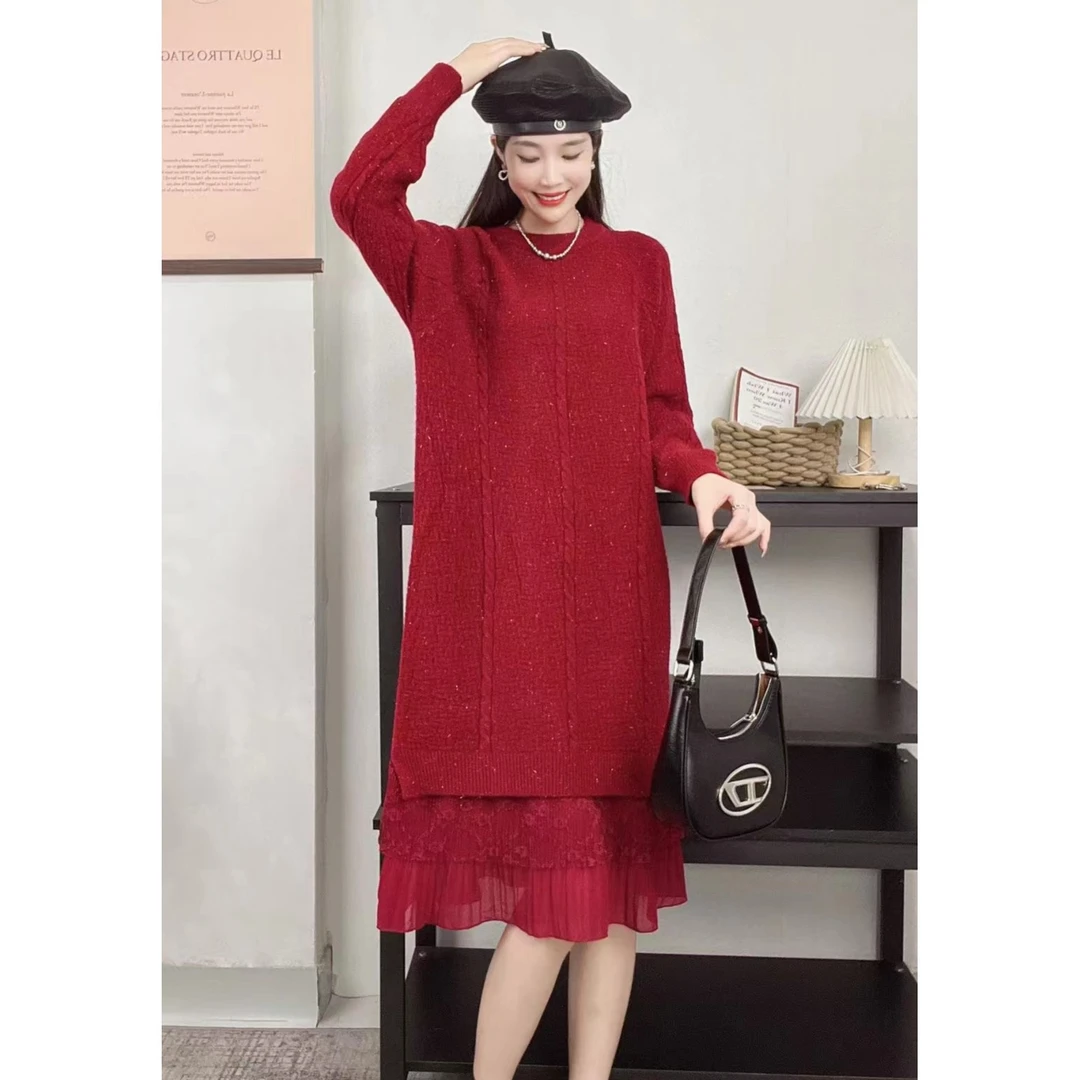 秋冬季高端针织连衣裙长款内搭蕾丝边毛衣裙洋气时尚针织打底裙子