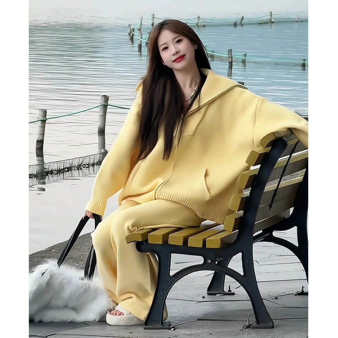 慵懒风宽松休闲套装女2024秋冬新款时尚针织卫衣阔腿裤时尚两件套