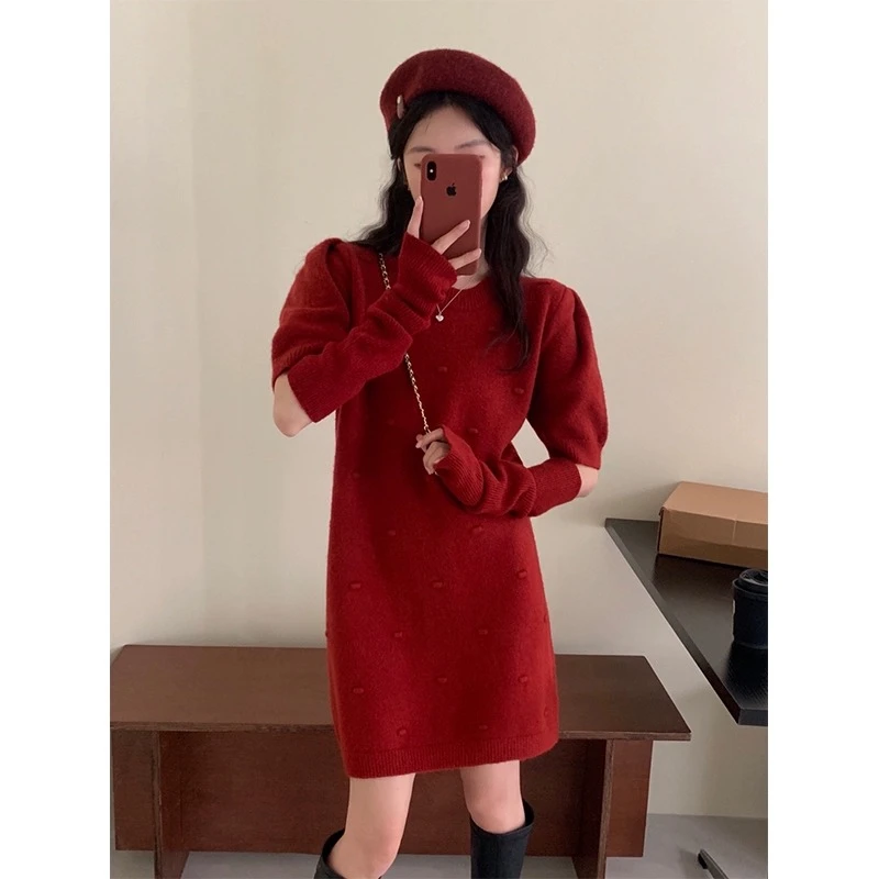 圣诞红色毛衣裙女秋冬款女装2023新款小香风长袖针织袖套连衣裙潮