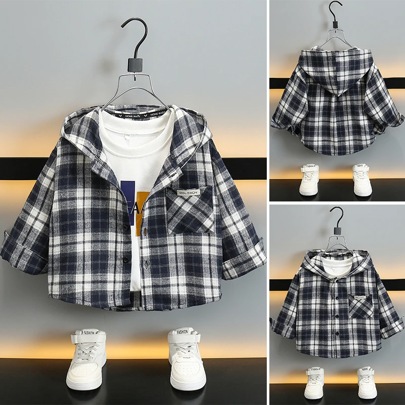 男童秋装儿童春秋款韩版潮流格子设计休闲中小童宽松衬衫连帽外套