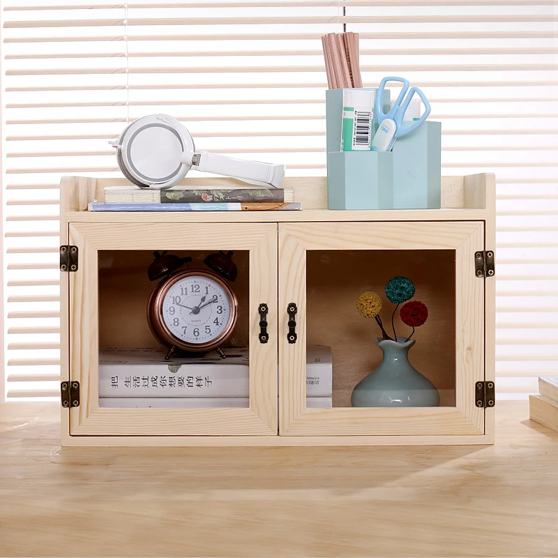 实木防尘玻璃办公室桌面收纳盒茶具开门宿舍化妆品文具护肤置物架