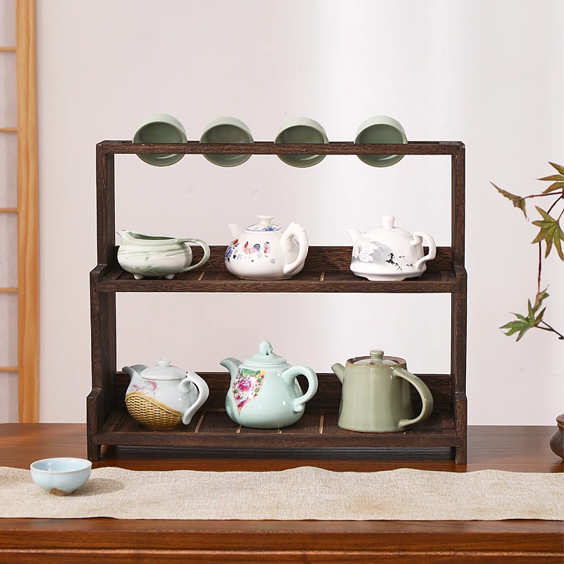 实木桌面茶具收纳架紫砂壶置物架茶杯架子茶壶展示架小博古架茶架