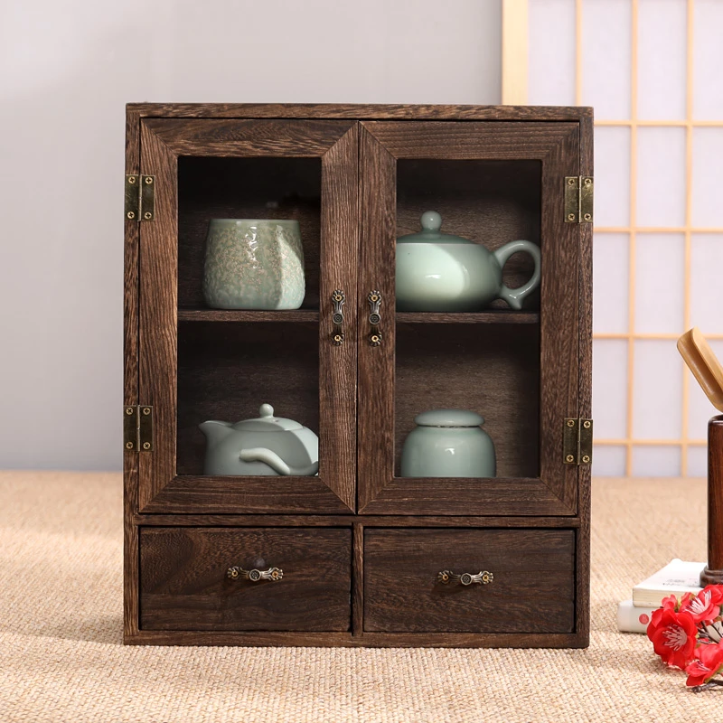 实木抽屉化妆品桌面置物架收纳盒首饰香水展示防尘装手办盲盒摆件