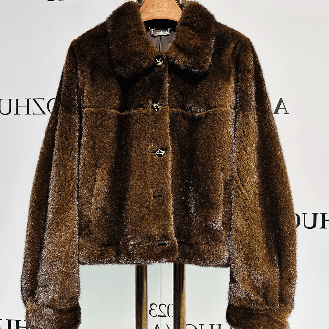 澳卓雅2023冬季女士新款咖色翻领气质时尚洋气轻奢水貂外套66-836