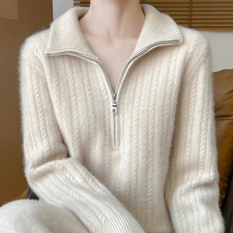 简约百搭七针加厚翻领纯羊绒半拉链小麻花针织衫
