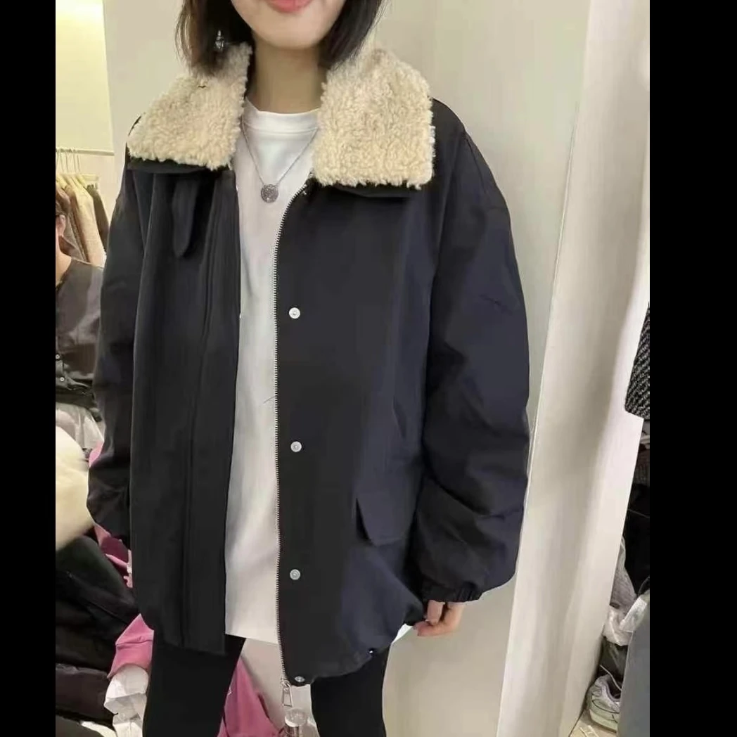 Y1801羊羔毛翻领领子可推卸外套女欧货女装中长款上衣潮