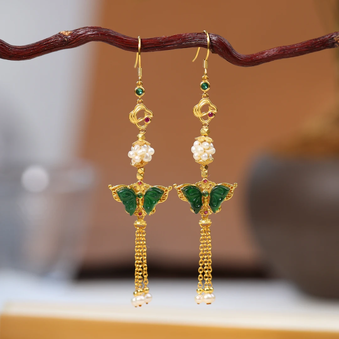 原创国风中式定制925银镶嵌翡翠蝴蝶耳饰