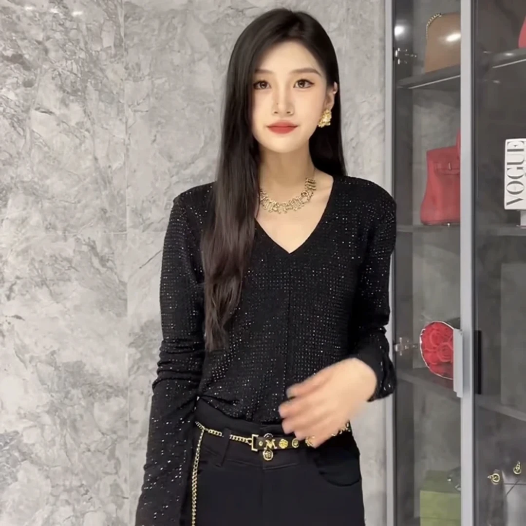 欧货满天星黑色镶钻显瘦T恤